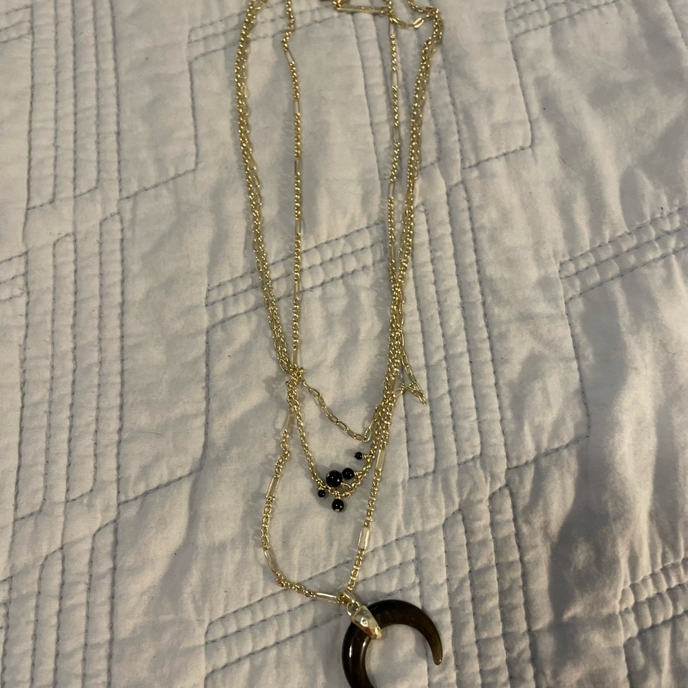 Gold-Tone Layered Crescent Pendant triple Necklace - Black Accents